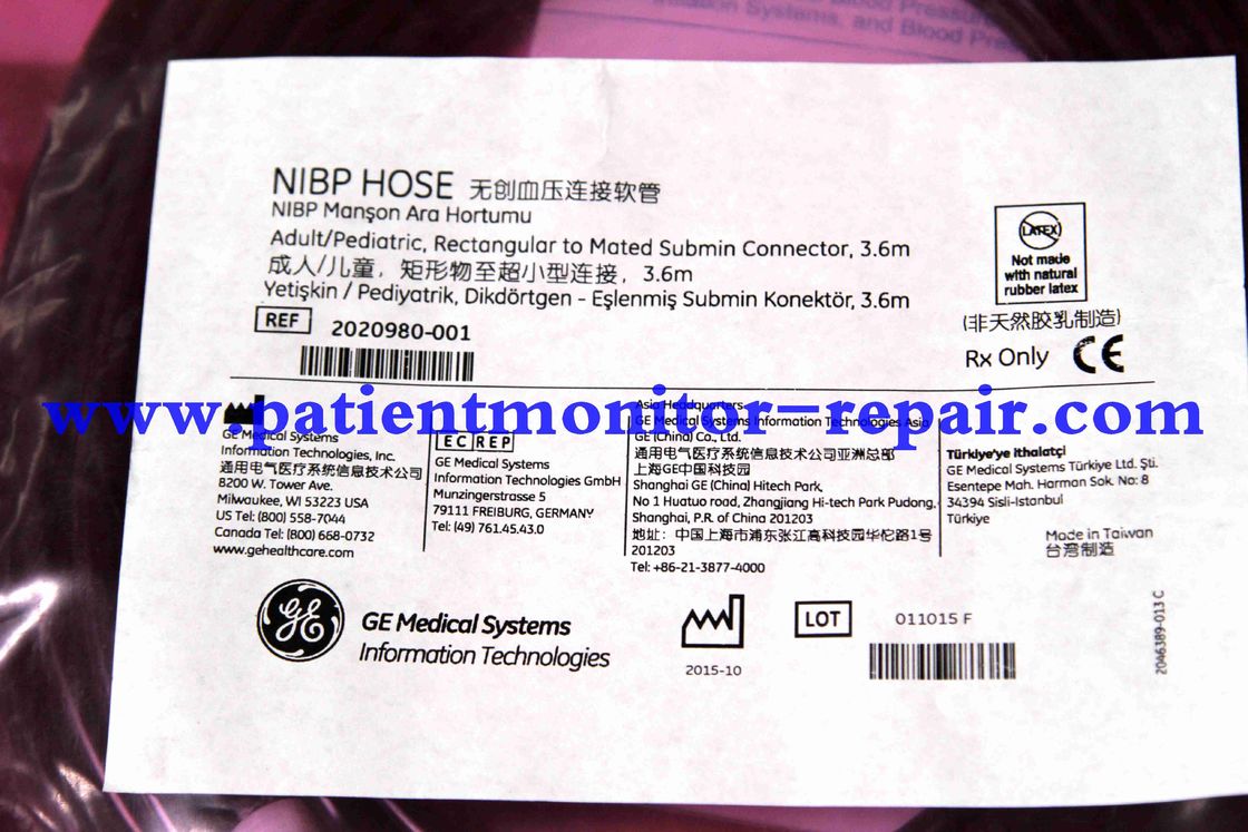 GE NIBP HOSE REF 2020980-001 Adult Pediatric Rectangular To Mated Submin Connector 3.6m Assy